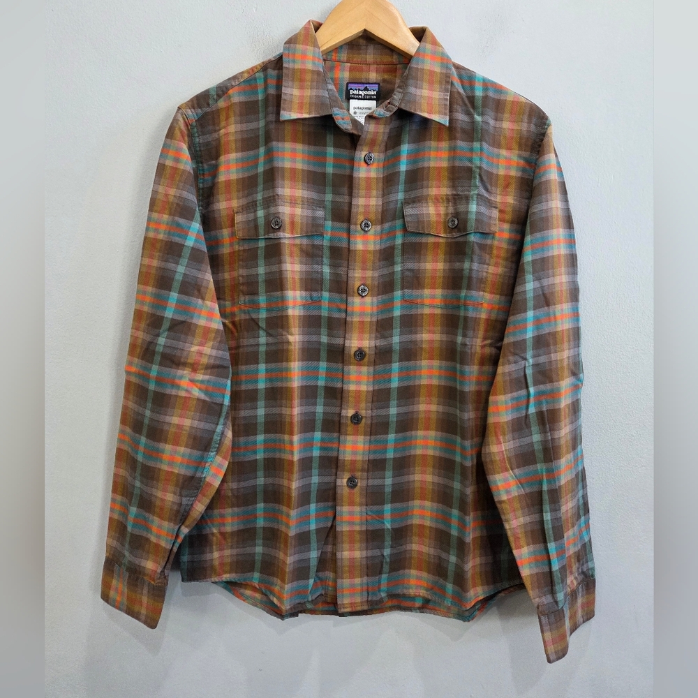 Patagonia Buckshot Shirt Brown Plaid Organic Cotton Long Sleeve Men's Size Small
